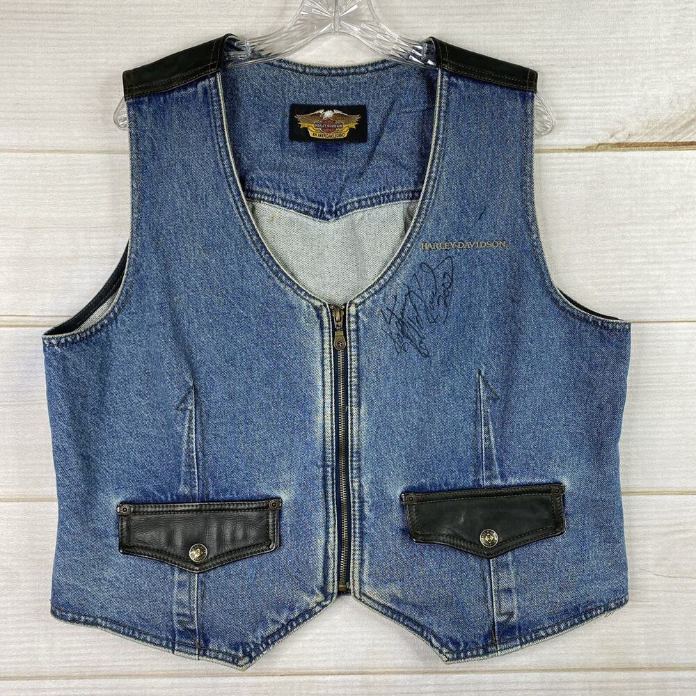 Vtg Harley-Davidson Vest Women XL Signed by Kaptain Robbie Knievel Denim Leather